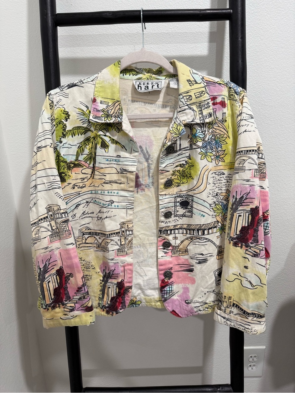 KEREN hart Cream Cotton Jean Jacket with Pink and Yellow Scenic Print